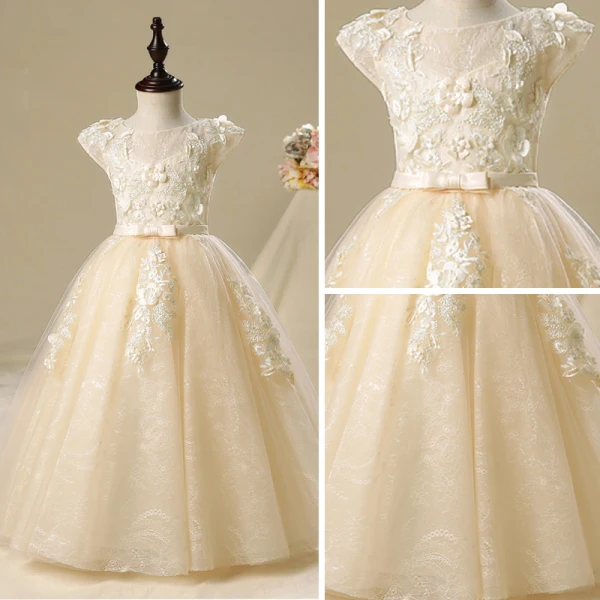 Chic / Beautiful Church Wedding Party Dresses 2017 Flower Girl Dresses Champagne Floor-Length / Long Ball Gown Bow Sash Cascading Ruffles Scoop Neck Short Sleeve Lace Appliques Leaf Flower Pearl