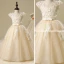 Chic / Beautiful Church Wedding Party Dresses 2017 Flower Girl Dresses Champagne Floor-Length / Long Ball Gown Bow Sash Cascading Ruffles Scoop Neck Short Sleeve Lace Appliques Leaf Flower Pearl