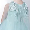 Chic / Beautiful Church Wedding Party Dresses 2017 Flower Girl Dresses Jade Green Asymmetrical A-Line / Princess Scoop Neck Sleeveless Flower Appliques Pearl Beading