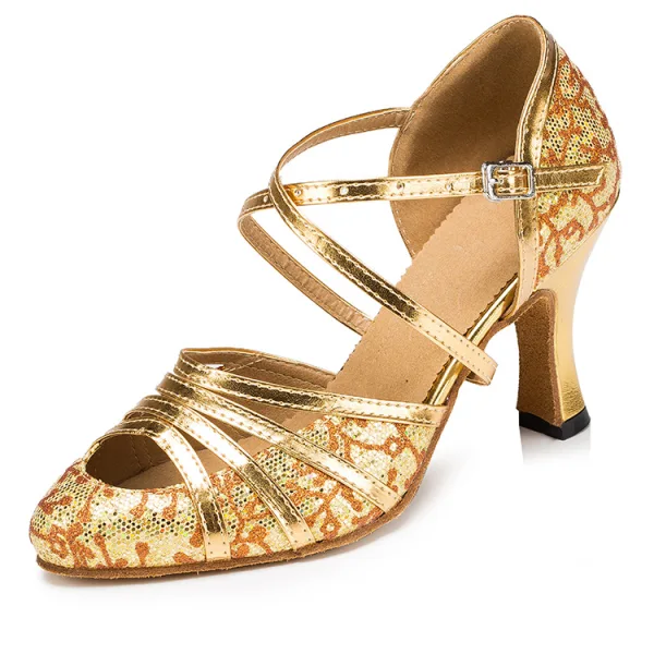 Chic / Beautiful Gold Sequins Latin Dance Shoes 2022 X-Strap 7 cm Stiletto Heels Pointed Toe Prom Womens Sandals High Heels