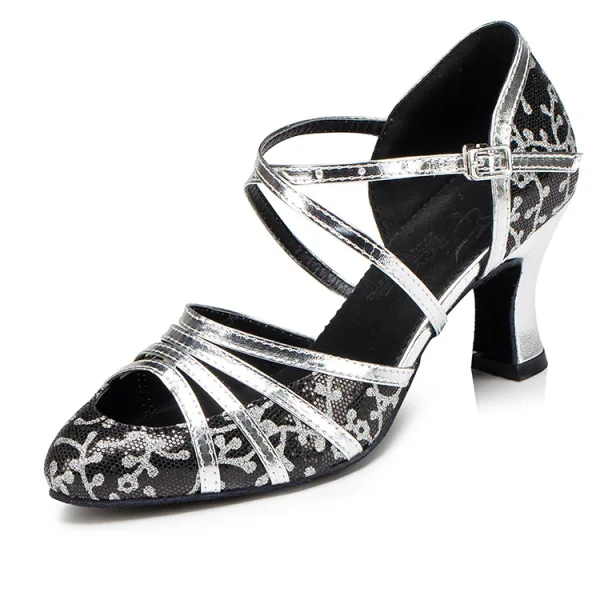 Chic / Beautiful Gold Sequins Latin Dance Shoes 2022 X-Strap 7 cm Stiletto Heels Pointed Toe Prom Womens Sandals High Heels