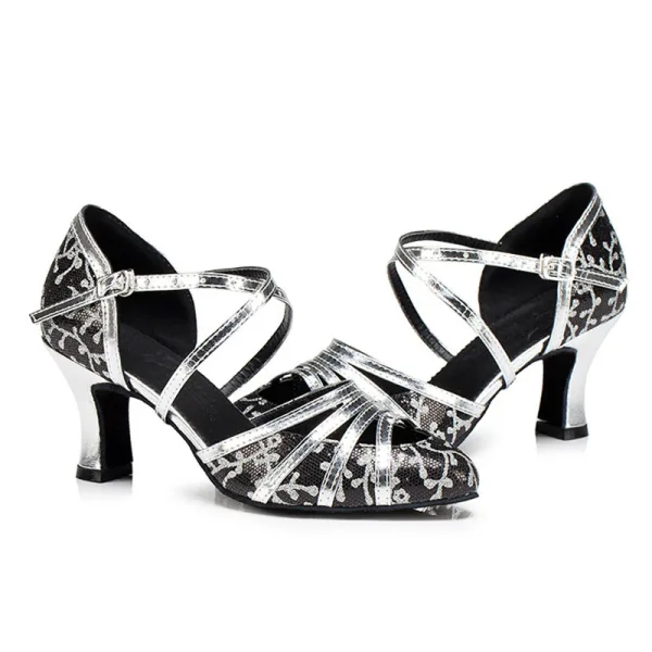 Chic / Beautiful Gold Sequins Latin Dance Shoes 2022 X-Strap 7 cm Stiletto Heels Pointed Toe Prom Womens Sandals High Heels