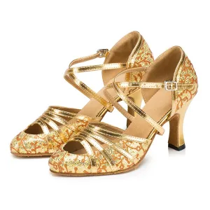 Chic Beautiful Gold Sequins Latin Dance Shoes 2022 X Strap 7 Cm Stiletto Heels Pointed Toe Prom Womens Sandals High Heels