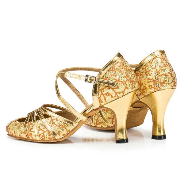 Chic / Beautiful Gold Sequins Latin Dance Shoes 2022 X-Strap 7 cm Stiletto Heels Pointed Toe Prom Womens Sandals High Heels