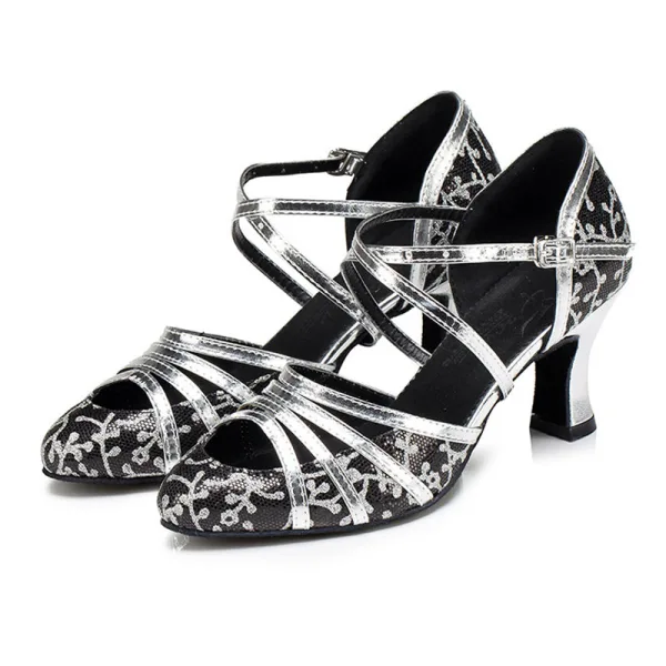Chic / Beautiful Gold Sequins Latin Dance Shoes 2022 X-Strap 7 cm Stiletto Heels Pointed Toe Prom Womens Sandals High Heels