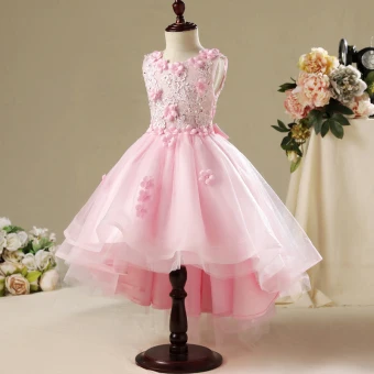 Hermoso Pasillo Vestidos Para Bodas 2017 Vestidos Para Niñas Rosa Clara Asimétrico Ball Gown Scoop Escote Sin Mangas Con Encaje Apliques Flor Perla Rhinestone