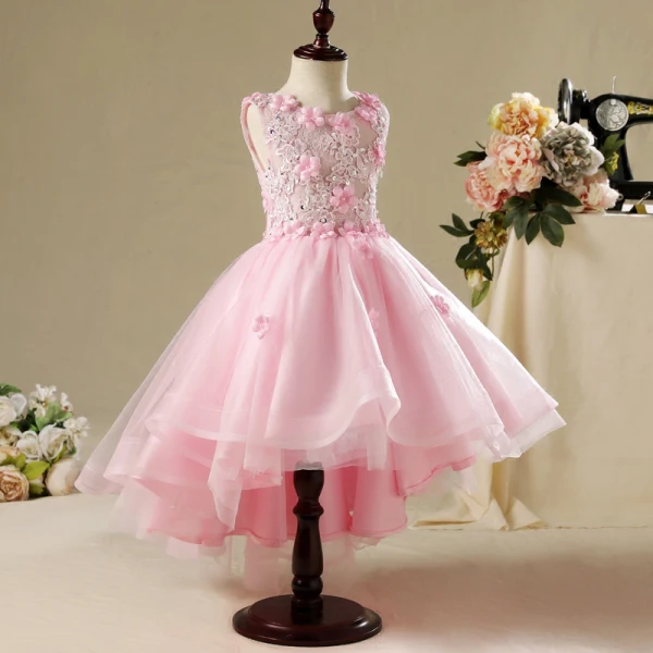 Chic / Beautiful Hall Wedding Party Dresses 2017 Flower Girl Dresses Blushing Pink Asymmetrical Ball Gown Scoop Neck Sleeveless Lace Appliques Flower Pearl Rhinestone