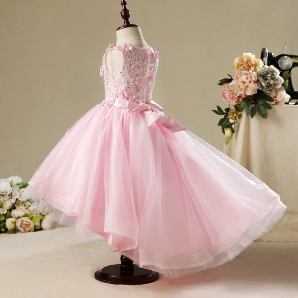 Chic / Beautiful Hall Wedding Party Dresses 2017 Flower Girl Dresses Blushing Pink Asymmetrical Ball Gown Scoop Neck Sleeveless Lace Appliques Flower Pearl Rhinestone