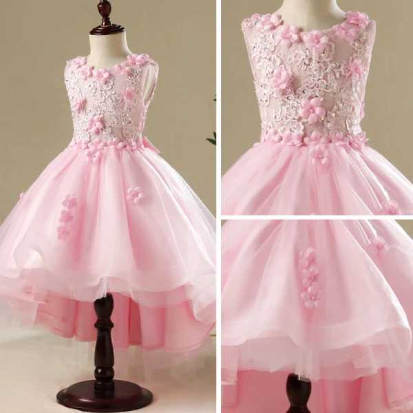 Chic / Beautiful Hall Wedding Party Dresses 2017 Flower Girl Dresses Blushing Pink Asymmetrical Ball Gown Scoop Neck Sleeveless Lace Appliques Flower Pearl Rhinestone