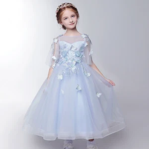 Chic Belle Salle Robe Pour Mariage 2017 Robe Ceremonie Fille Bleu Ciel Longueur Cheville Princesse 1 2 Manches Encolure Carrée Dos Nu Forme De Coeur Papillon Appliques Perle Paillettes Feuille Perlage