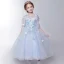 Chic / Belle Salle Robe Pour Mariage 2017 Robe Ceremonie Fille Bleu Ciel Longueur Cheville Princesse 1/2 Manches Encolure Carrée Dos Nu Forme de coeur Papillon Appliques Perle Paillettes Feuille Perlage