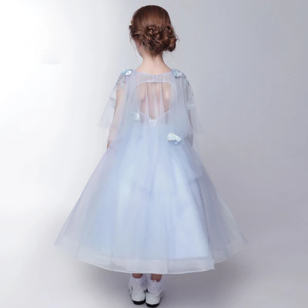 Chic / Belle Salle Robe Pour Mariage 2017 Robe Ceremonie Fille Bleu Ciel Longueur Cheville Princesse 1/2 Manches Encolure Carrée Dos Nu Forme de coeur Papillon Appliques Perle Paillettes Feuille Perlage