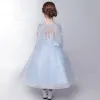 Chic / Beautiful Hall Wedding Party Dresses 2017 Flower Girl Dresses Sky Blue Ankle Length A-Line / Princess 1/2 Sleeves Square Neckline Backless Heart-shaped Butterfly Appliques Pearl Sequins Leaf Beading