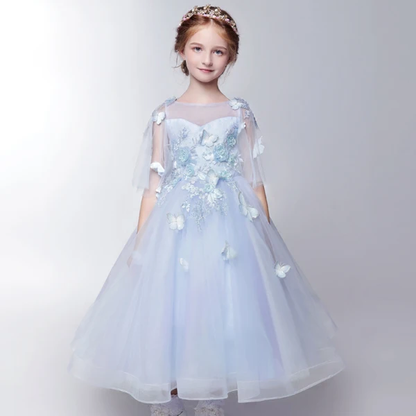 Chic / Belle Salle Robe Pour Mariage 2017 Robe Ceremonie Fille Bleu Ciel Longueur Cheville Princesse 1/2 Manches Encolure Carrée Dos Nu Forme de coeur Papillon Appliques Perle Paillettes Feuille Perlage
