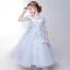 Chic / Belle Salle Robe Pour Mariage 2017 Robe Ceremonie Fille Bleu Ciel Longueur Cheville Princesse 1/2 Manches Encolure Carrée Dos Nu Forme de coeur Papillon Appliques Perle Paillettes Feuille Perlage
