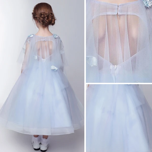 Chic / Belle Salle Robe Pour Mariage 2017 Robe Ceremonie Fille Bleu Ciel Longueur Cheville Princesse 1/2 Manches Encolure Carrée Dos Nu Forme de coeur Papillon Appliques Perle Paillettes Feuille Perlage