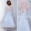 Chic / Belle Salle Robe Pour Mariage 2017 Robe Ceremonie Fille Bleu Ciel Longueur Cheville Princesse 1/2 Manches Encolure Carrée Dos Nu Forme de coeur Papillon Appliques Perle Paillettes Feuille Perlage