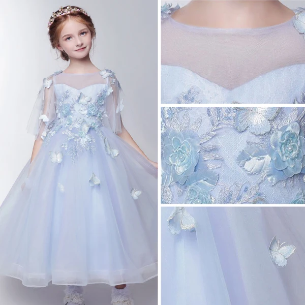 Chic / Belle Salle Robe Pour Mariage 2017 Robe Ceremonie Fille Bleu Ciel Longueur Cheville Princesse 1/2 Manches Encolure Carrée Dos Nu Forme de coeur Papillon Appliques Perle Paillettes Feuille Perlage