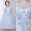 Chic / Belle Salle Robe Pour Mariage 2017 Robe Ceremonie Fille Bleu Ciel Longueur Cheville Princesse 1/2 Manches Encolure Carrée Dos Nu Forme de coeur Papillon Appliques Perle Paillettes Feuille Perlage