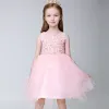 Chic / Beautiful Hall Wedding Party Dresses 2017 Flower Girl Dresses Blushing Pink Short Ball Gown Scoop Neck Sleeveless Flower Appliques Pearl