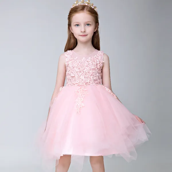 Chic / Beautiful Hall Wedding Party Dresses 2017 Flower Girl Dresses Blushing Pink Short Ball Gown Scoop Neck Sleeveless Flower Appliques Pearl