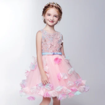 Chic Belle Salle Robe Pour Mariage 2017 Robe Ceremonie Fille Rougissant Rose Mi Longues Robe Boule Noeud Ceinture Sans Manches Encolure Dégagée Papillon Fleur Appliques