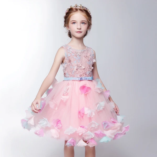 Chic / Beautiful Hall Wedding Party Dresses 2017 Flower Girl Dresses Blushing Pink Knee-Length Ball Gown Bow Sash Sleeveless Scoop Neck Butterfly Flower Appliques
