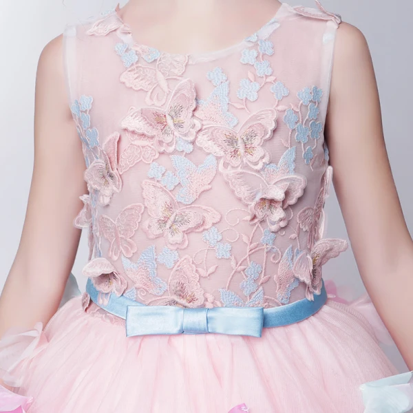 Chic / Beautiful Hall Wedding Party Dresses 2017 Flower Girl Dresses Blushing Pink Knee-Length Ball Gown Bow Sash Sleeveless Scoop Neck Butterfly Flower Appliques