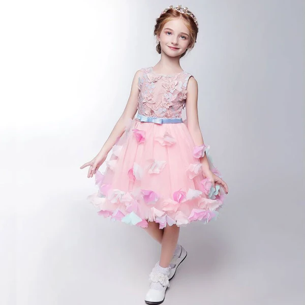 Chic / Beautiful Hall Wedding Party Dresses 2017 Flower Girl Dresses Blushing Pink Knee-Length Ball Gown Bow Sash Sleeveless Scoop Neck Butterfly Flower Appliques