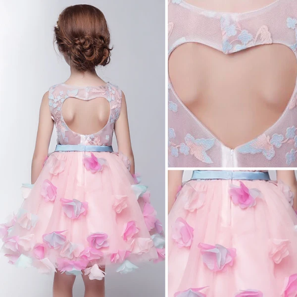 Chic / Beautiful Hall Wedding Party Dresses 2017 Flower Girl Dresses Blushing Pink Knee-Length Ball Gown Bow Sash Sleeveless Scoop Neck Butterfly Flower Appliques