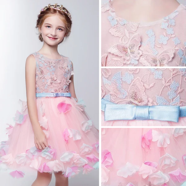 Chic / Beautiful Hall Wedding Party Dresses 2017 Flower Girl Dresses Blushing Pink Knee-Length Ball Gown Bow Sash Sleeveless Scoop Neck Butterfly Flower Appliques