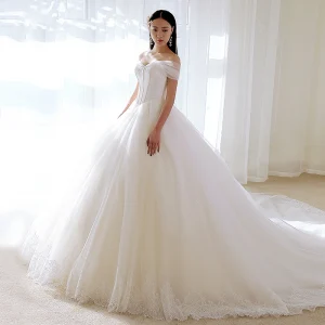 Chic Beautiful Ivory Wedding Dresses 2018 Ball Gown Off The Shoulder Short Sleeve Backless Appliques Lace Glitter Tulle Ruffle Cathedral Train