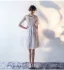 Modern / Fashion Graduation Dresses Party Dresses 2017 Silver Scoop Neck 1/2 Sleeves Lace Appliques A-Line / Princess
