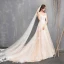 Modest / Simple Champagne Wedding Dresses 2018 A-Line / Princess Spaghetti Straps Sleeveless Backless Appliques Lace Ruffle Cathedral Train