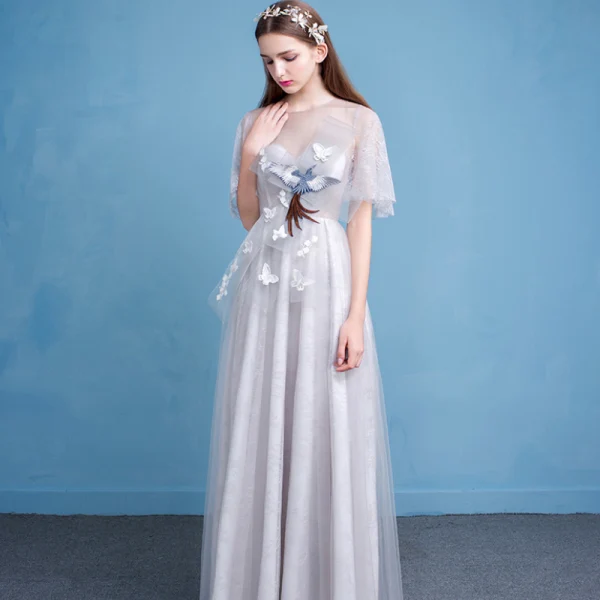 Modern / Fashion Graduation Dresses Party Dresses 2017 Silver Scoop Neck 1/2 Sleeves Lace Appliques A-Line / Princess