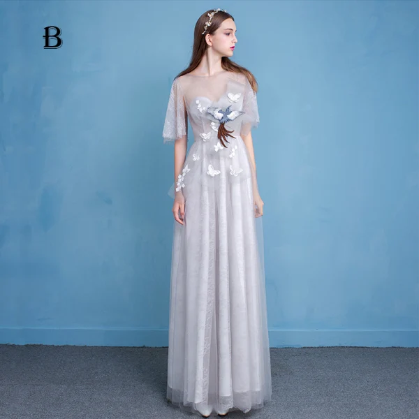 Modern / Fashion Graduation Dresses Party Dresses 2017 Silver Scoop Neck 1/2 Sleeves Lace Appliques A-Line / Princess