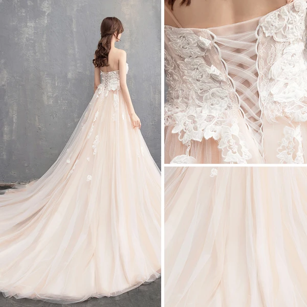 Modest / Simple Champagne Wedding Dresses 2018 A-Line / Princess Spaghetti Straps Sleeveless Backless Appliques Lace Ruffle Cathedral Train