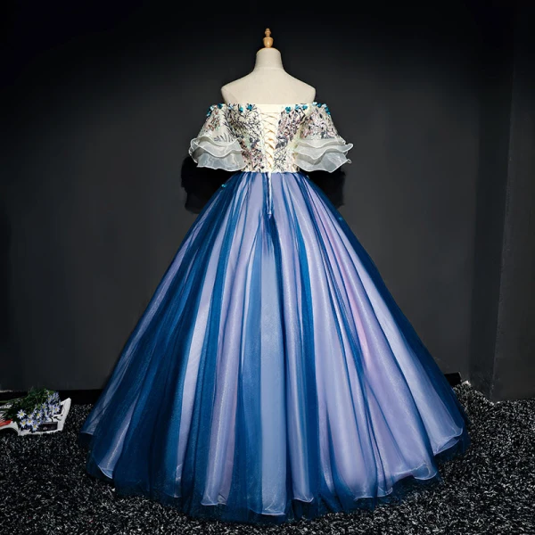 Chic / Beautiful Navy Blue Prom Dresses 2017 A-Line / Princess Tulle Appliques Backless Beading Strapless Prom Formal Dresses