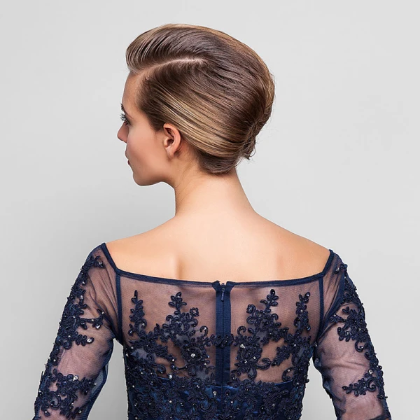 Lyx Mörk Marinblå Aftonklänningar 2020 1/2 ärm Prinsessa Långa Genomskinliga Halterneck Beading Broderade Afton Formella Klänningar