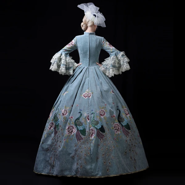 Modest / Simple Medieval Pool Blue Ball Gown Prom Dresses 2021 High Neck Zipper Up Long Sleeve Floor-Length / Long 3D Lace Embroidered Flower Animal Print Cosplay Prom Formal Dresses
