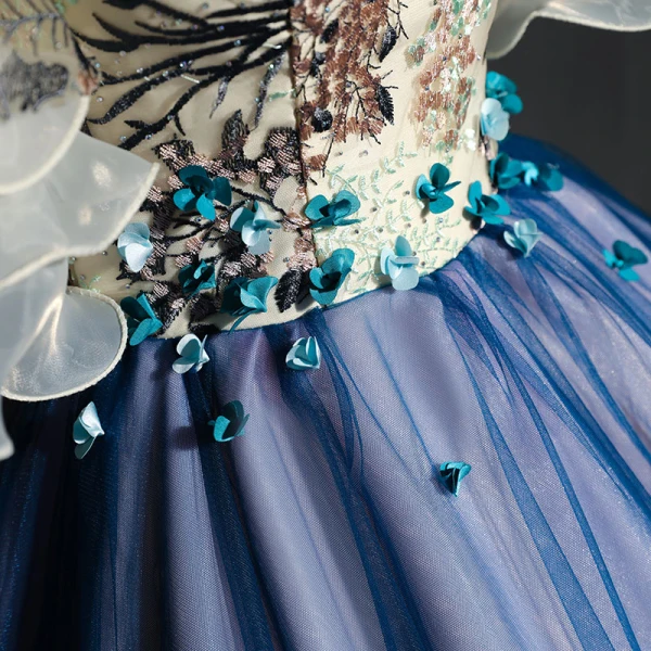 Chic / Beautiful Navy Blue Prom Dresses 2017 A-Line / Princess Tulle Appliques Backless Beading Strapless Prom Formal Dresses