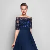 Luxury / Gorgeous Navy Blue Evening Dresses  2020 1/2 Sleeves A-Line / Princess Floor-Length / Long See-through Backless Beading Embroidered Evening Party Formal Dresses