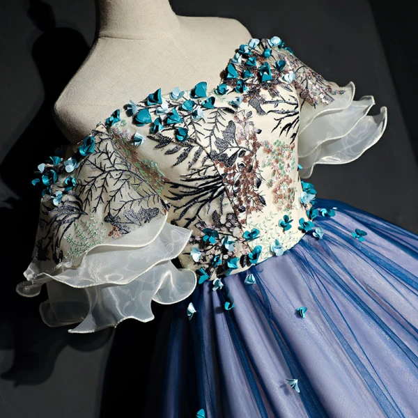 Chic / Beautiful Navy Blue Prom Dresses 2017 A-Line / Princess Tulle Appliques Backless Beading Strapless Prom Formal Dresses