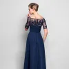 Luxury / Gorgeous Navy Blue Evening Dresses  2020 1/2 Sleeves A-Line / Princess Floor-Length / Long See-through Backless Beading Embroidered Evening Party Formal Dresses