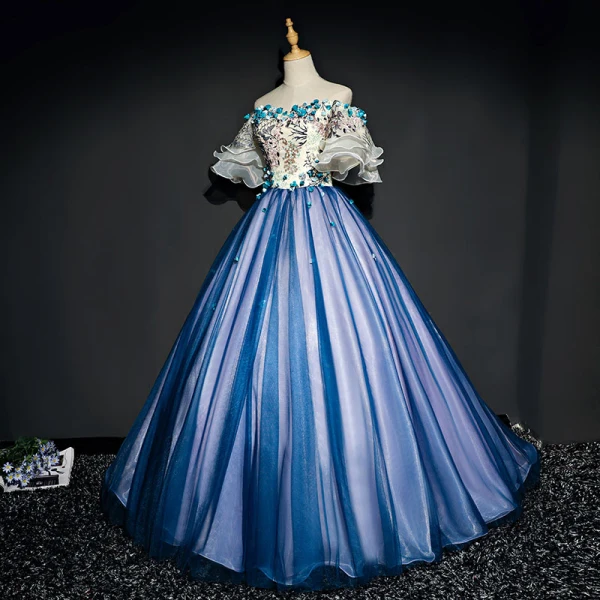 Chic / Beautiful Navy Blue Prom Dresses 2017 A-Line / Princess Tulle Appliques Backless Beading Strapless Prom Formal Dresses