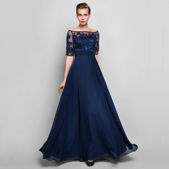 Luxe Bleu Marine Robe De Soirée 2020 1 2 Manches Princesse Longue Transparentes Dos Nu Perlage Brodé Soirée Robe De Ceremonie
