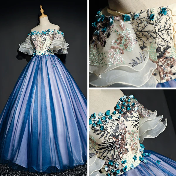 Chic / Beautiful Navy Blue Prom Dresses 2017 A-Line / Princess Tulle Appliques Backless Beading Strapless Prom Formal Dresses