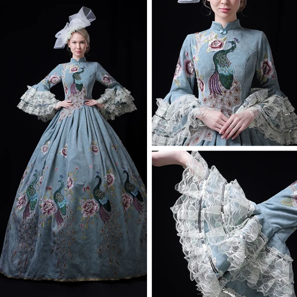 Modest / Simple Medieval Pool Blue Ball Gown Prom Dresses 2021 High Neck Zipper Up Long Sleeve Floor-Length / Long 3D Lace Embroidered Flower Animal Print Cosplay Prom Formal Dresses