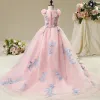 Chic / Beautiful Hall Wedding Party Dresses 2017 Flower Girl Dresses Blushing Pink Ball Gown Chapel Train V-Neck Sleeveless Flower Appliques Pearl
