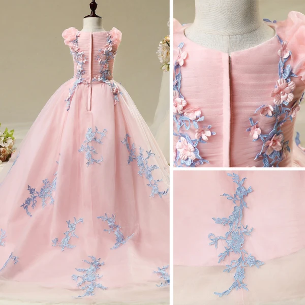 Chic / Beautiful Hall Wedding Party Dresses 2017 Flower Girl Dresses Blushing Pink Ball Gown Chapel Train V-Neck Sleeveless Flower Appliques Pearl